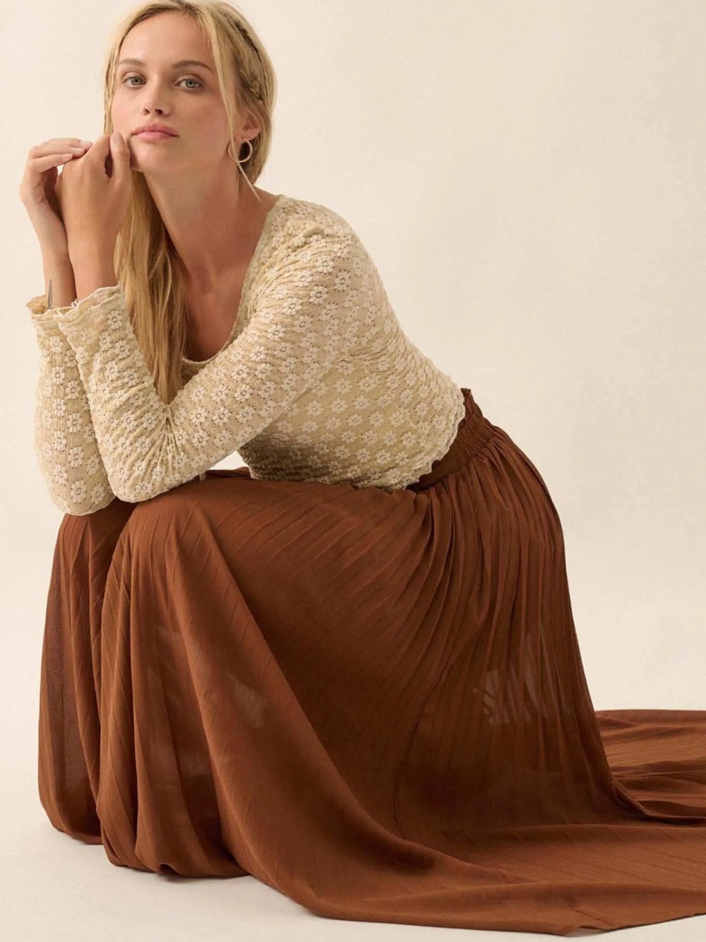 A NEW DAY | M | Accordion Pleated Midi Copper Rust Caramel Sheer Flowy Skirt